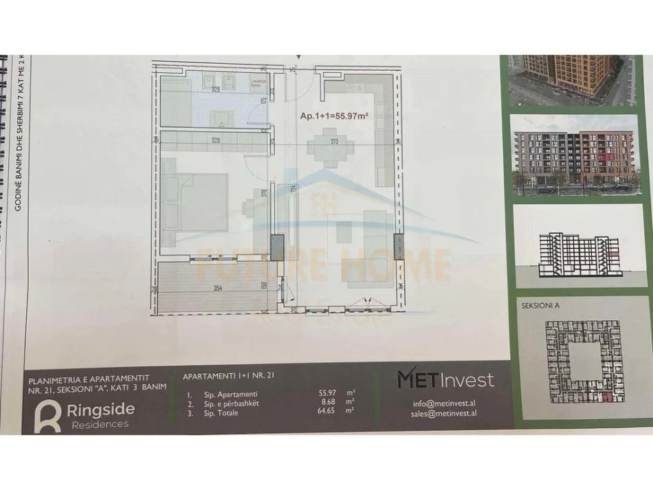 Tirane, shitet apartament 1+1 Kati 3, 65 m² 77.500 € UNA54054