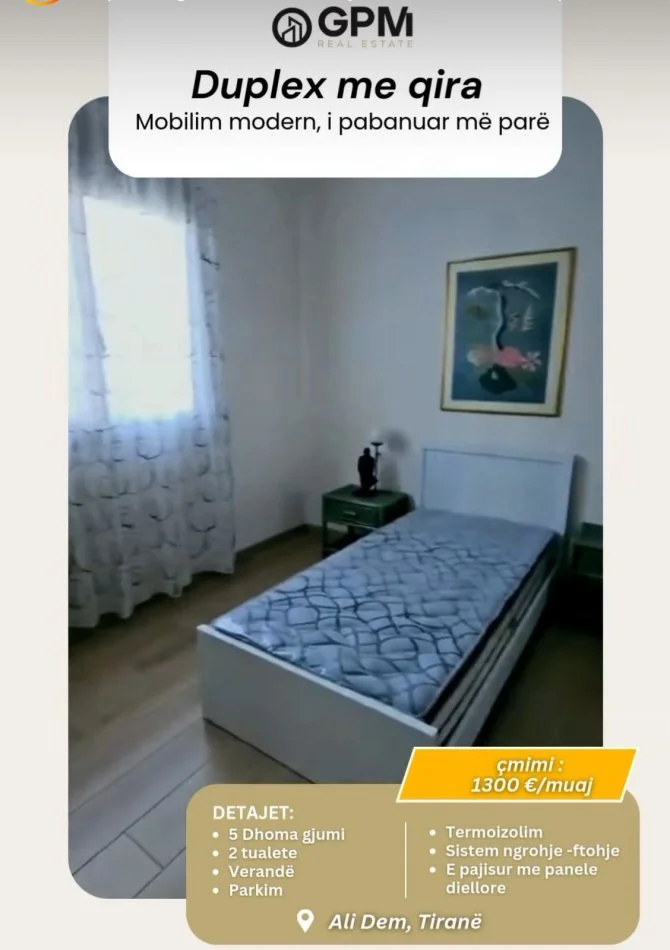 Tirane, jepet me qera apartament duplex Dublex Kati 2, 160 m² 1.300 € (Ali Dem).