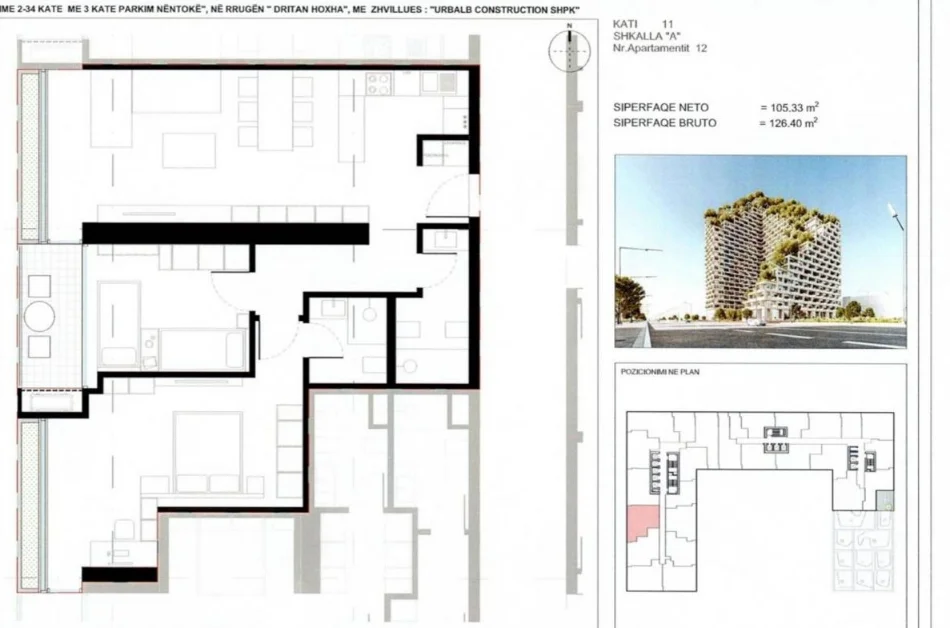 Tirane, shitet apartament 2+1 Kati 11, 126 m² 227.520 € 