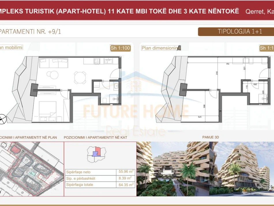 Qerret, shitet apartament 1+1 Kati 9, 64 m² 102.960 € (Rezidenca "Seastra", Qerret)
