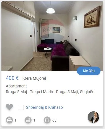 Shqiperi, jepet me qera apartament 1+1 Kati 3, 60 m² 400 € (5 Maj Tregu industrial)