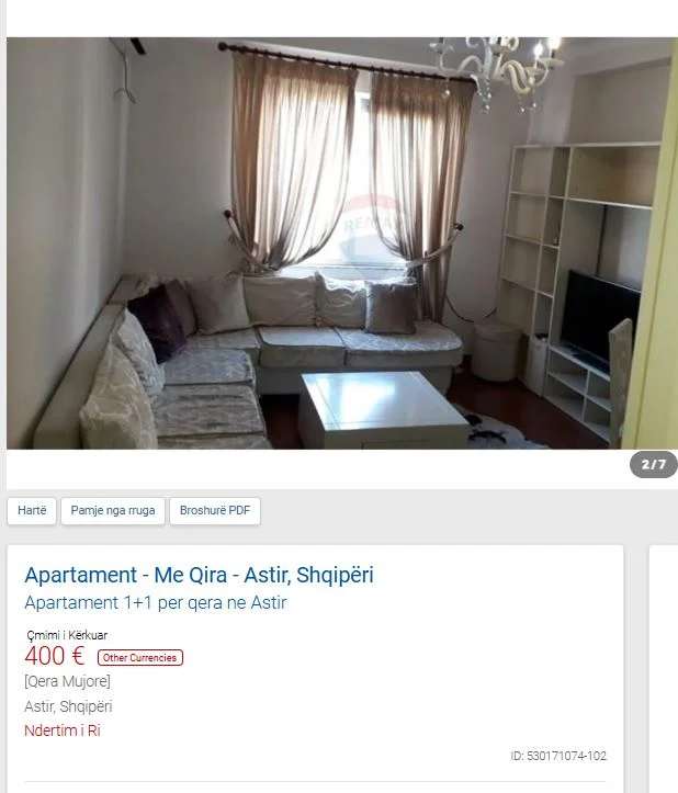 Tirane, jepet me qera apartament 1+1 Kati 2, 65 m² 400 € (ASTIR)