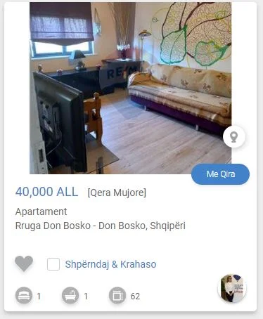 Tirane, jepet me qera apartament 1+1 Kati 5, 60 m² 400 € (don bosco)