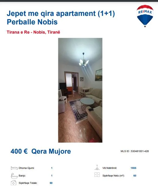 Tirane, jepet me qera apartament 1+1 Kati 4, 60 m² 400 € (perball nobis te tirana e re)