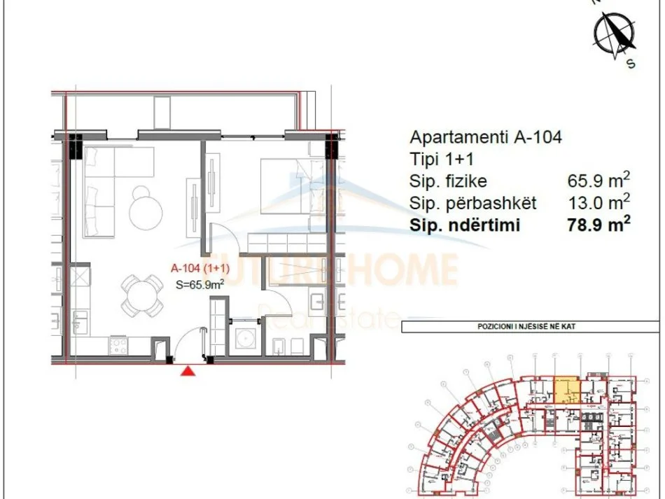 Qerret, shitet apartament 1+1 Kati 2, 79 m² 98.625 €