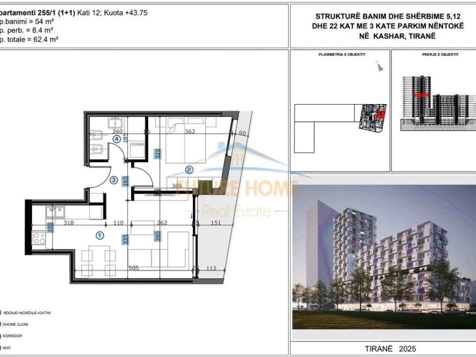 Tirane, shitet apartament 1+1 Kati 12, 62 m² 87.360 € 