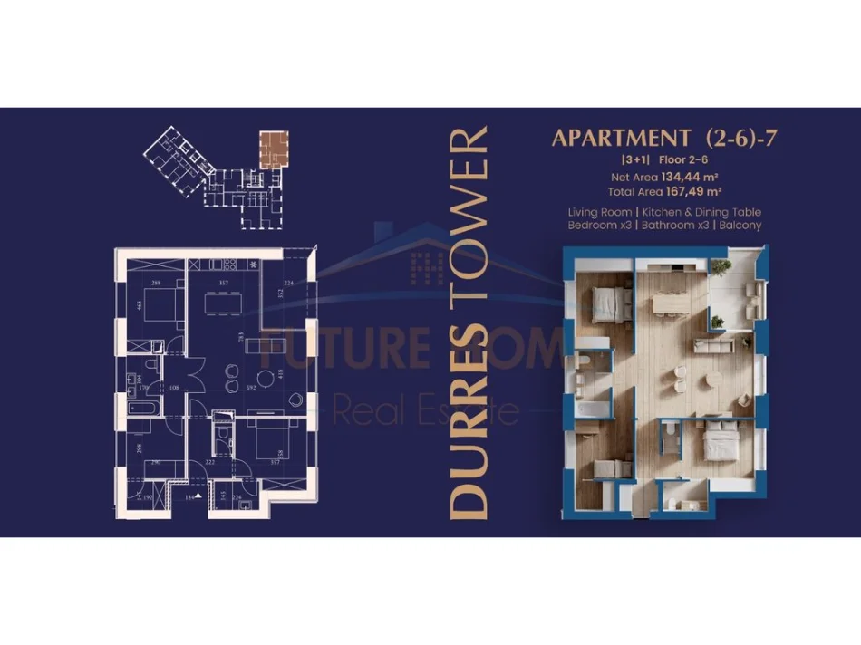 Durres, shitet apartament 3+1 Kati 6, 168 m²