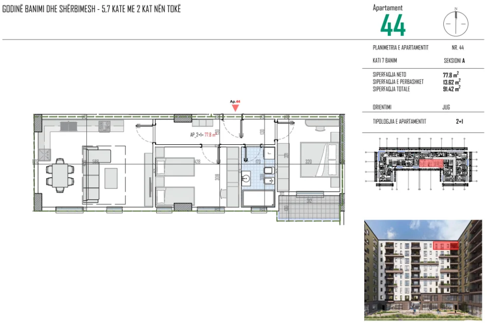 Tirane, shitet apartament 2+1+Ballkon Kati 7, 91 m² 90.000 € (Rrethi Bathores)