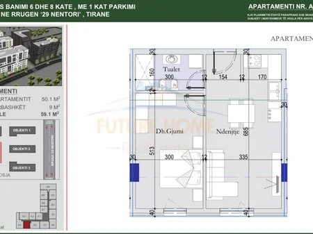 Tirane, shitet apartament 1+1 Kati 6, 59 m² 85.690 € 