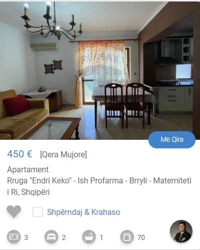 Tirane, jepet me qera apartament 2+1 Kati 3, 70 m² 450 € (TE ISH PROFARMA)