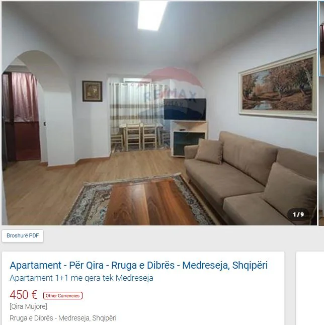 Tirane, jepet me qera apartament 1+1 Kati 1, 50 m² 450 € (MEDRESE)