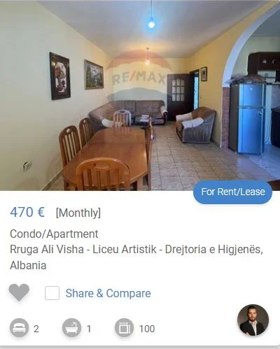 Tirane, jepet me qera apartament 2+1 Kati 4, 100 m² 470 € (liceu artistik drejtoria e higjenes rruge elbasani)