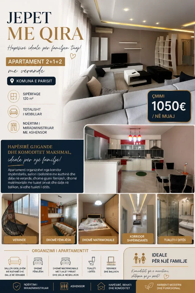 Tirane, jepet me qera apartament 2+1+Aneks+Ballkon , 120 m² 1.050 € (komuna e parisit)