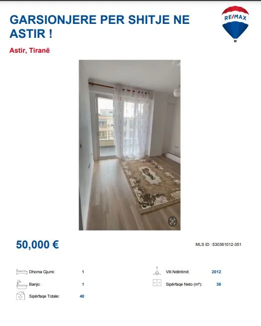 Tirane, shitet apartament 1+1 Kati 7, 40 m² 50.000 € (ASTIR)