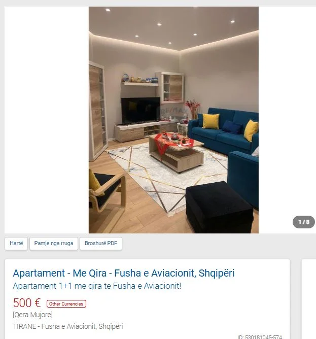 Tirane, jepet me qera apartament 1+1 Kati 4, 70 m² 500 € (FUSHA E AVIACIONIT)