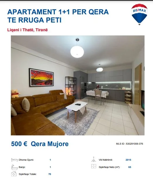 Tirane, jepet me qera apartament 1+1 Kati 3, 65 m² 500 € (RRUGA PETI LIQENI THATE)