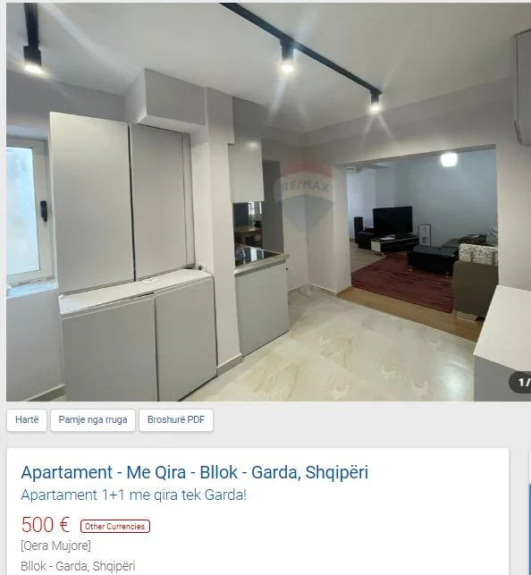 Tirane, jepet me qera apartament 1+1 Kati 3, 70 m² 500 € (GARDA NE BLLOK)