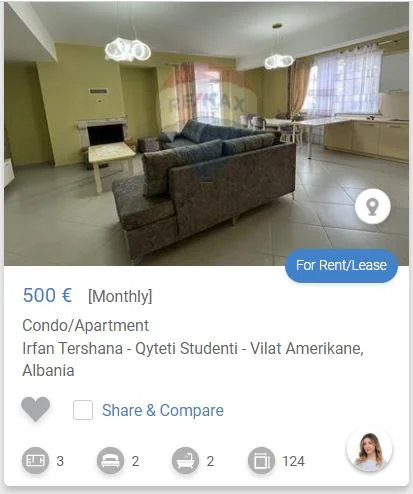 Tirane, jepet me qera apartament 2+1 Kati 2, 80 m² 500 € (QYTET STUDENTI VILAT AMERIKANE)