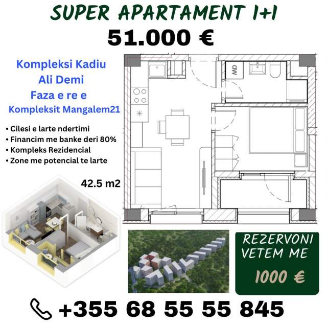 Tirane, shes apartament 1+1+BLK Kati 7, 43 m² 51.000 Euro