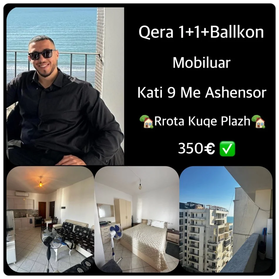 Durres, jepet me qera apartament 1+1+Ballkon Kati 9, 350 € (Apartament me Qera Plazh,Rrota Kuqe • 350€ neto)