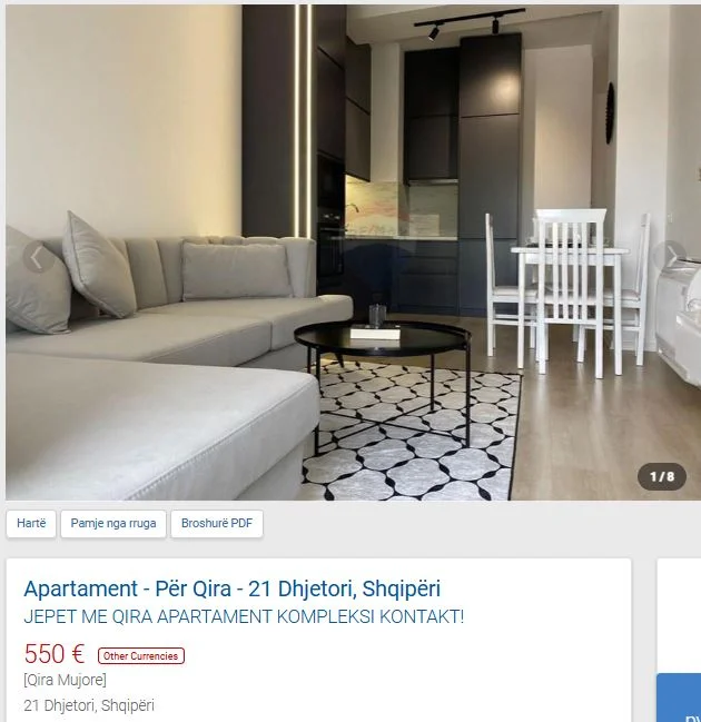 Tirane, jepet me qera apartament 1+1 Kati 5, 60 m² 550 € (KOMPLEKSI KONTAKT)