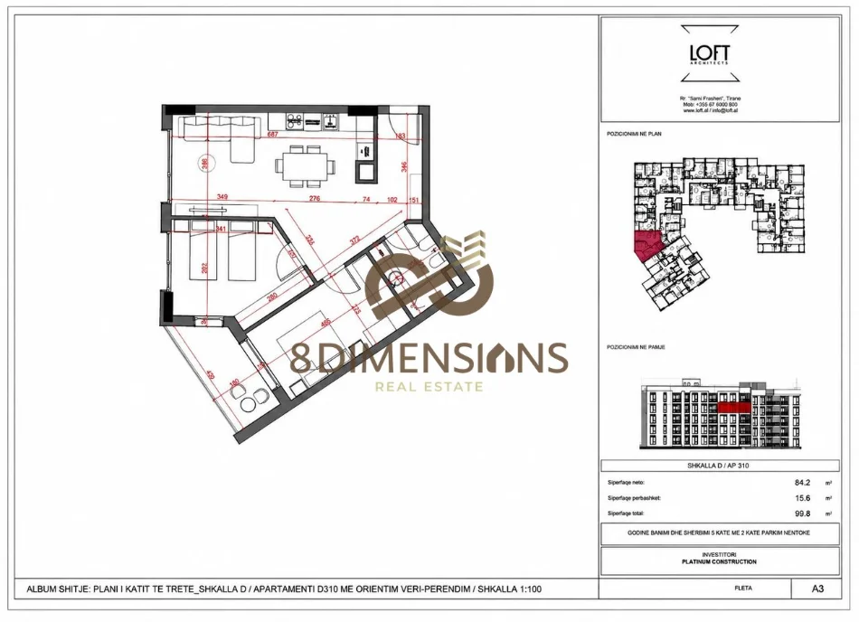 Tirane, shitet apartament 2+1+Ballkon Kati 3, 99 m² (paskuqan)