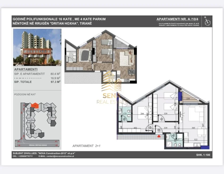 Tirane, shitet apartament 2+1+Ballkon Kati 10, 97 m² 167.000 € (Rruga Dritan Hoxha)