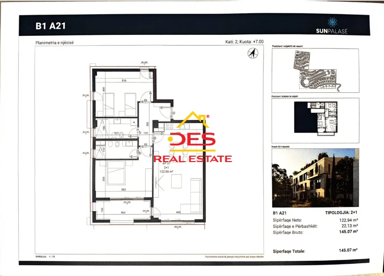 Dhermi - Palase, shitet apartament 2+1+Ballkon Kati 2, 145 m² (Palasë)