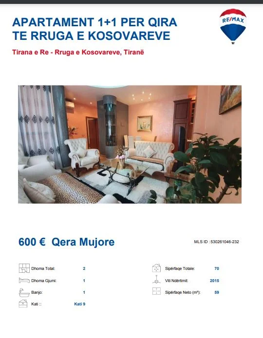 Tirane, jepet me qera apartament 1+1 Kati 9, 70 m² 600 € (RRUGA E KOSOVAREVE)