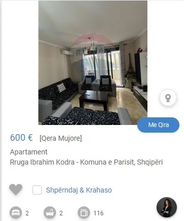 Tirane, jepet me qera apartament 2+1 Kati 3, 110 m² 600 € (komuna e parisit)