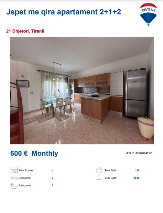 Tirane, jepet me qera apartament 2+1, Kati 8, 80 m² 600 € (TE 21 DHJETORI)