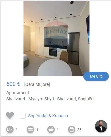 Tirane, jepet me qera garsonier 1+1 Kati 1, 35 m² 600 € (shallvaret)