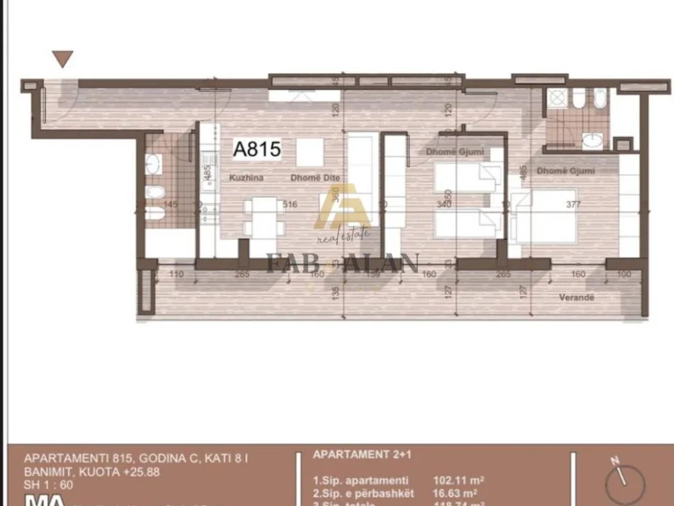 Tirane, shitet apartament 2+1 Kati 8, 119 m² 103.300 € (UNIVERS CITY, QTU)