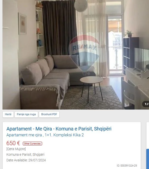 Tirane, jepet me qera apartament 1+1 Kati 8, 55 m² 650 € (KIKA 2 KOMUNA E PARISIT)