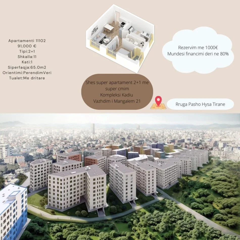 Tirane, shes apartament 2+1+Ballkon Kati 1, 65 m² 91.000 € (Rruga Pasho Hysa Tirane)