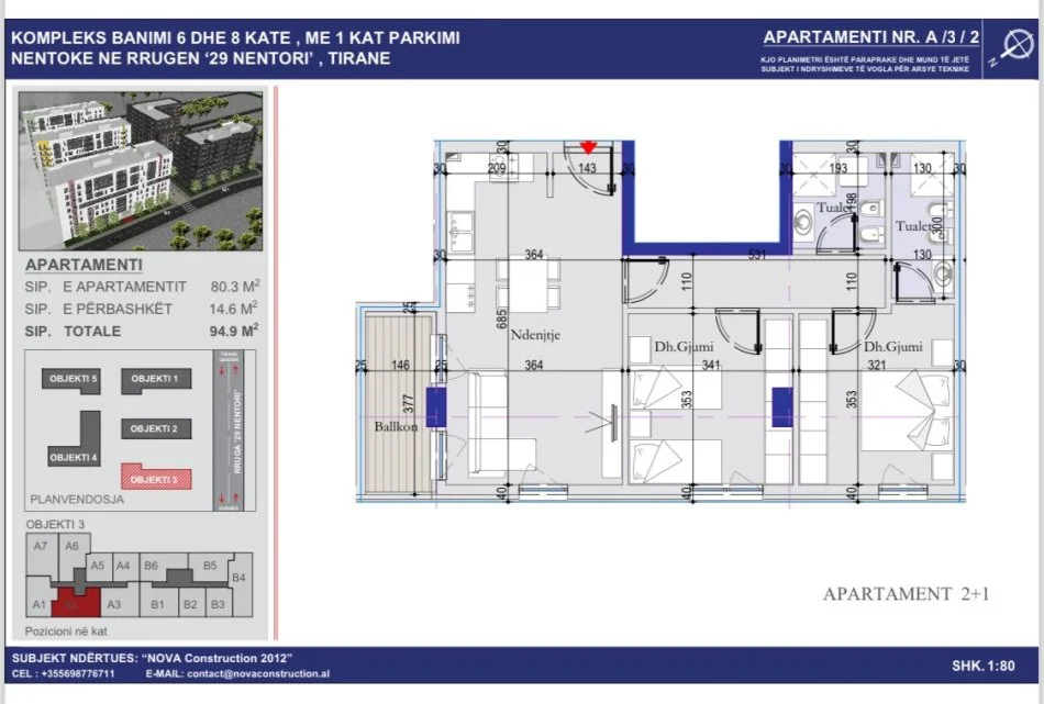 Tirane, shitet 2+1+Ballkon Kati 3, 95 m² 109.000 € (Casa Italia)