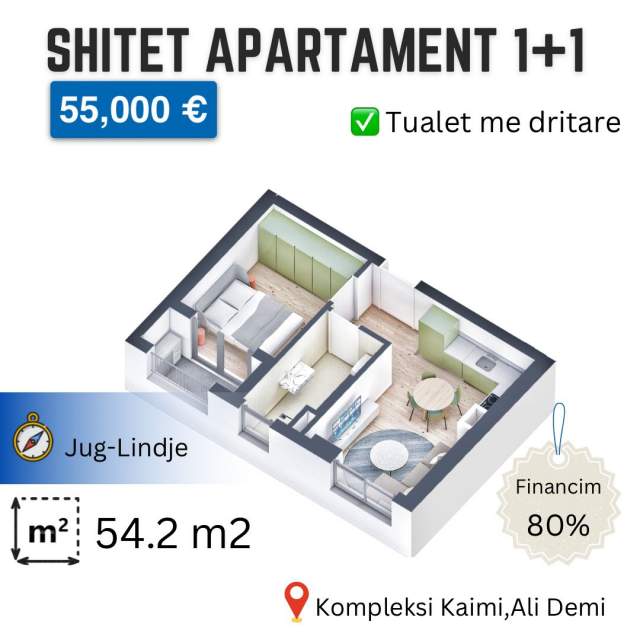 Tirane, shes apartament 1+1+BLK Kati 6, 60 m² 60.000 Euro (Ali Demi)