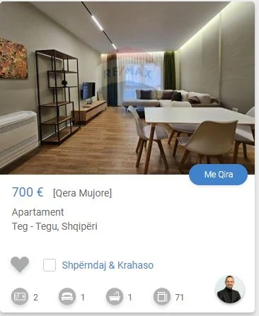 Tirane, jepet me qera apartament 1+1 Kati 3, 71 m² 700 € (TEG)