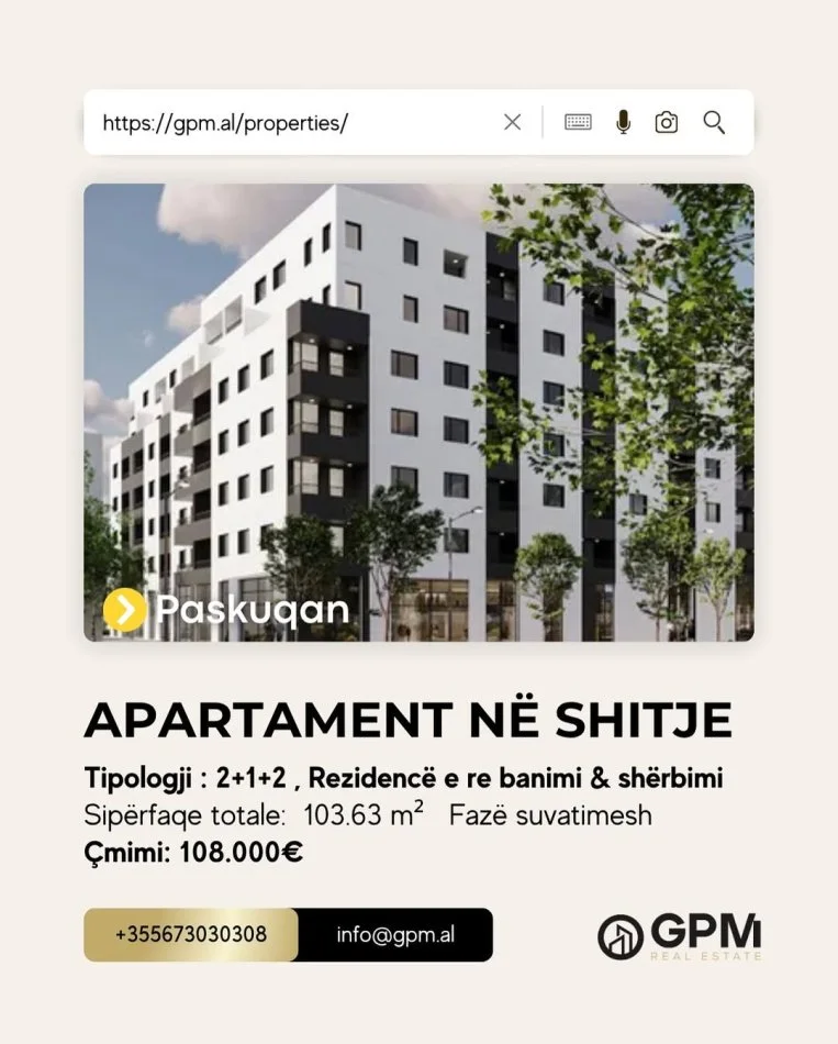 Tirane, shitet apartament 2+1 , 103.63 m² 108.000 €