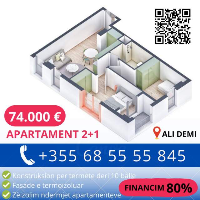 Tirane, shes apartament 2+1+BLK Kati 5, 85 m² 85.000 Euro (Ali Demi)