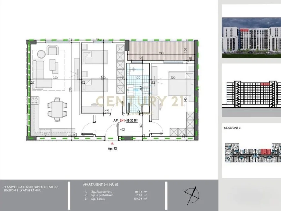 Tirane, shitet apartament 2+1+Ballkon Kati 8, 104 m² 79.000 € (Rruga Roma, Kamez)