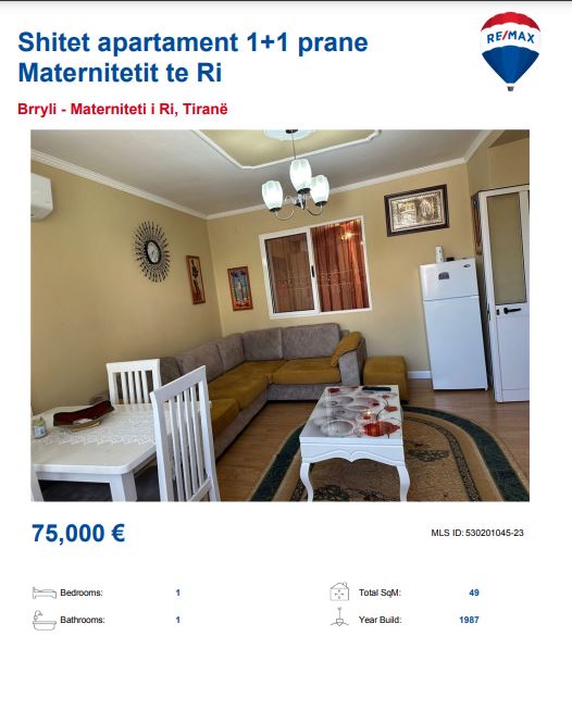 Tirane, shitet apartament 1+1, Kati 3, 50 m² 75,000 € (TE MATERNITETI I RI BRYLI)