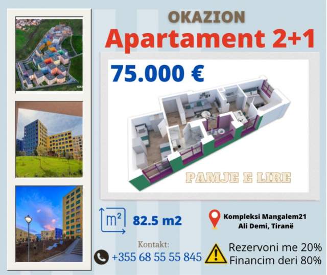Tirane, shes apartament 2+1+BLK Kati 7, 83 m² 75.000 Euro (Ali Demi)