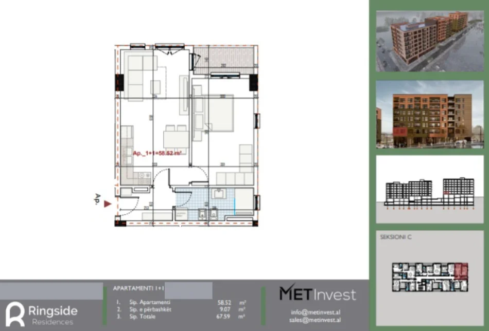 Tirane, shitet apartament 1+1+Ballkon Kati 1, 68 m² 74.350 € (RingSide Rezidence Paskuqan)