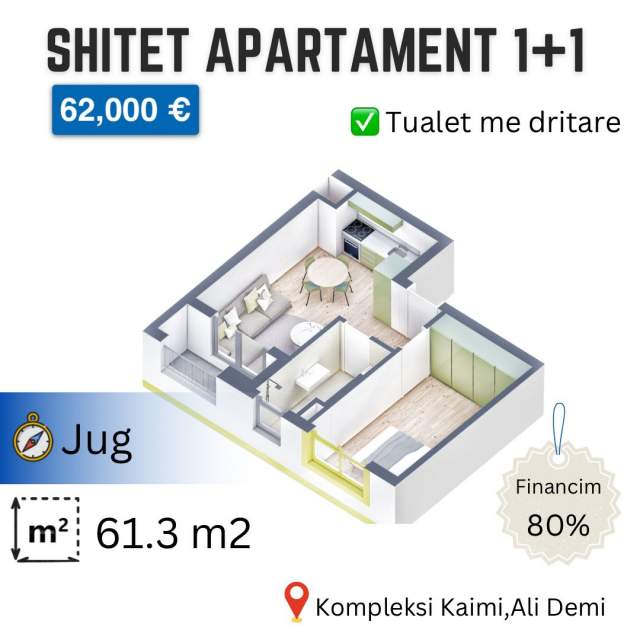 Tirane, shes apartament 1+1+BLK Kati 6, 60 m² 60.000 Euro (Ali Demi)