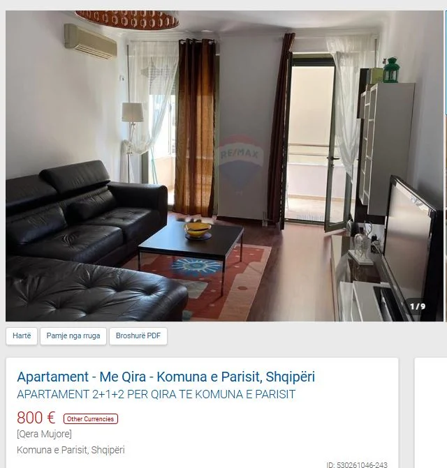 Tirane, jepet me qera apartament 2+1 Kati 9, 110 m² 800 € (KOMUNA E PARISIT)
