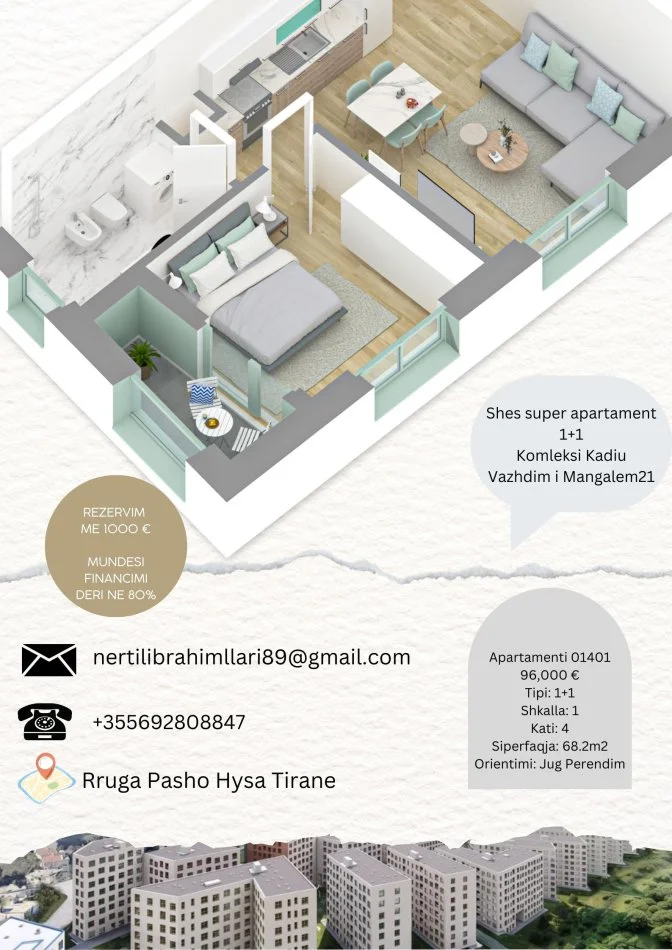Tirane, shes apartament 1+1+Ballkon Kati 4, 68 m² 960.000 € (Rruga Pasho Hysa Tirane)