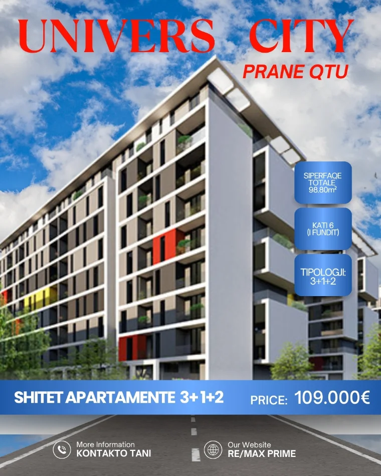 Tirane, shitet apartament 3+1 Kati 6, 99 m² 109.000 € (Univers City)