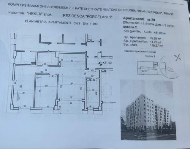Tirane, shes apartament 2+1+BLK Kati 6, 110.27m2 (Xhanfize Keko)
