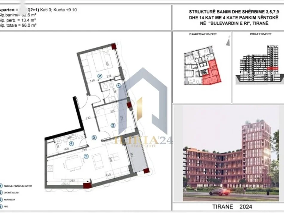 Tirane, shitet apartament 2+1+Ballkon Kati 3, 96 m² 240.000 € (Bulevard AXA RESIDENCE)